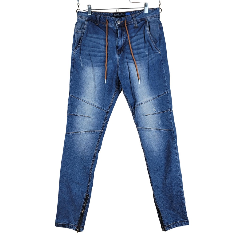 Hyper Denim Slim Fit Jeans Mens 32x31 Blue Biker Moto Drawstring Ankle Zip